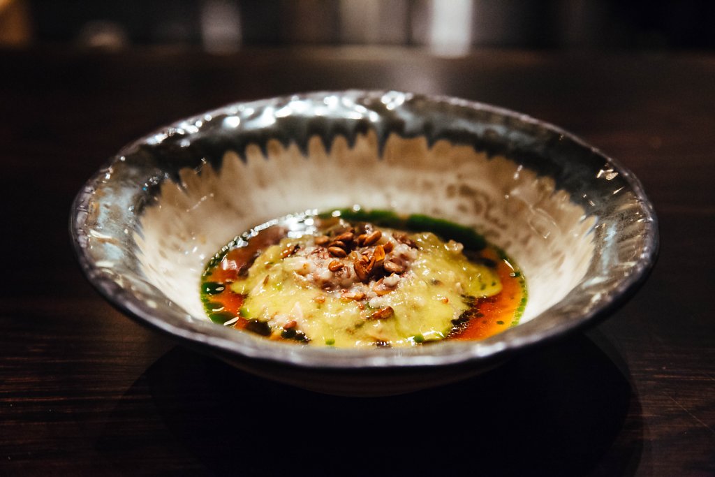 Risotto—(sunflower, pumpkin and linseeds), barley, sherry/soy consommé, shiitake, egg, chive oil and chives 