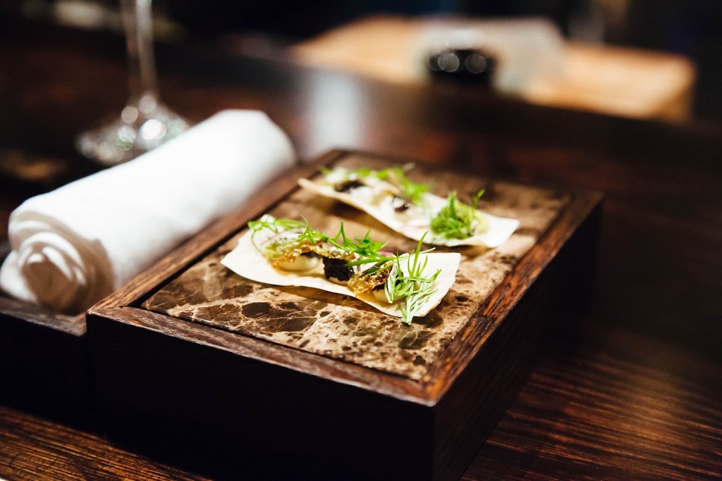 Chips—Savoy. Smoked sour cream, sturgeon caviar, dried onion and fennel cress