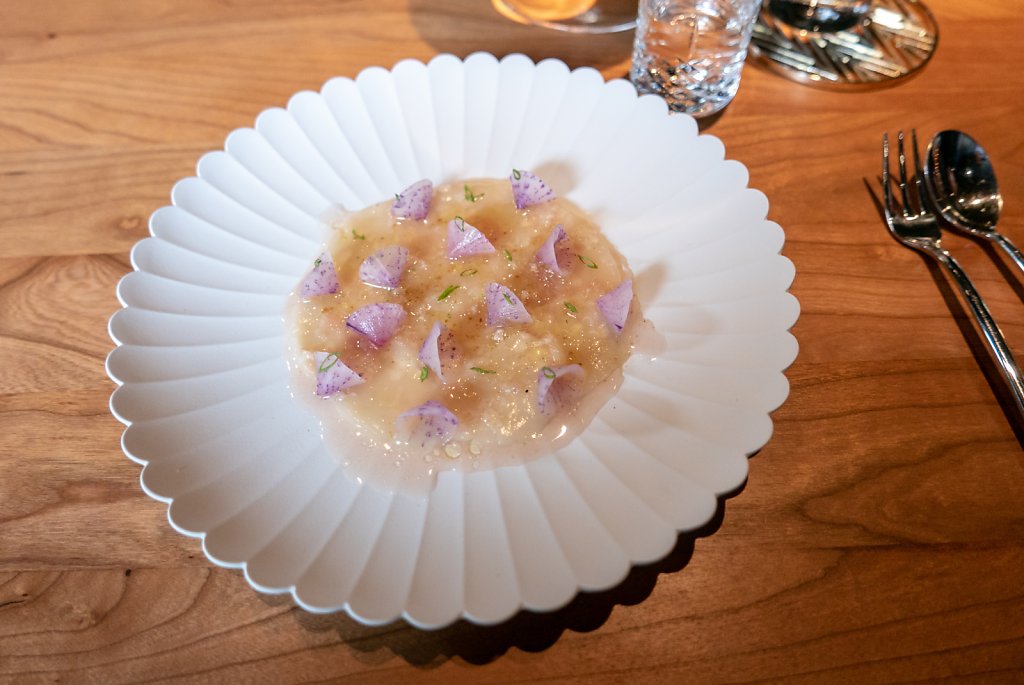 Crudo: scallop, salted plum & tomato water, fermented anchovy, horseradish and purple radish