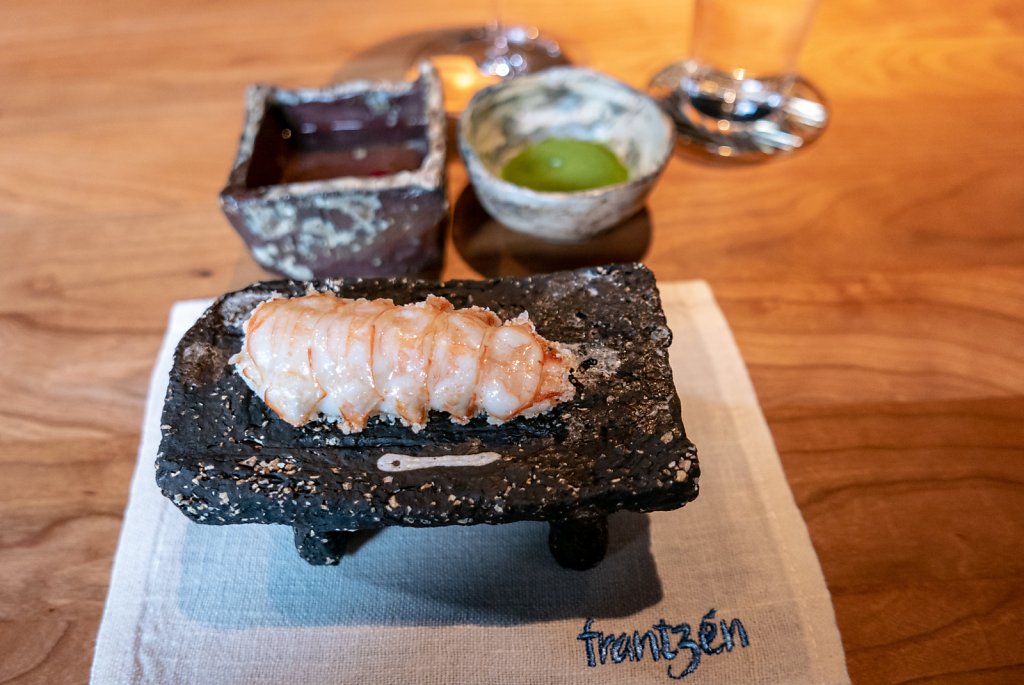 Deep fried langoustine, crispy rice, dried green onions, emulsion of clarified butter infused with ginger